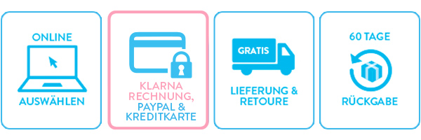 Und so geht´s: 1. Artikel online auswählen.  2. Per Klarna Rechnung, PayPal oder Kreditkarte zahlen. 3. Gratis Lieferung und gratis Retoure.  4. 60 Tage Rückgaberecht.