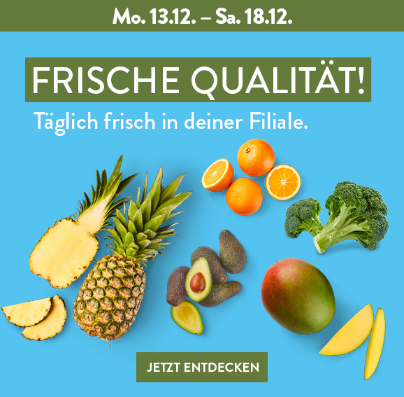 Ananas, Brokkoli und weiteres Obst & Gemüse auf blauem Hintergrund erhältlich in deiner Filiale ab Mo 13.12.