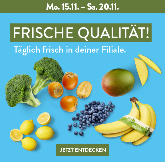 Brokkoli, Zitronen und weiteres Obst & Gemüse auf blauem Hintergrund erhältlich in deiner Filiale ab Mo 15.11.