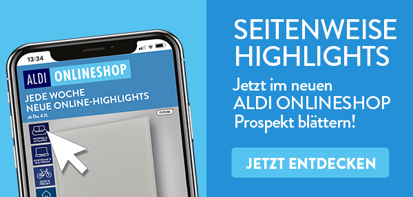 Auf einem Handy Display ist das Titelblatt des digitalen ALDI ONLINESHOP Prospekts abgebildet.