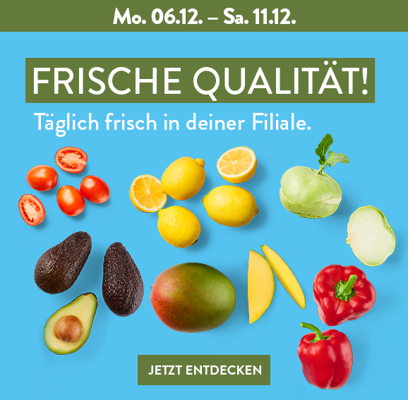 Zitronen, Avocados und weiteres Obst & Gemüse auf blauem Hintergrund erhältlich in deiner Filiale ab Mo 06.12.