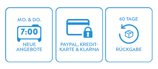 Neue ONLINESHOP Angebote jeden Montag und Donnerstag; Bezahlung per Paypal, Kreditkarte & Klarna; 60 Tage Rückgabe