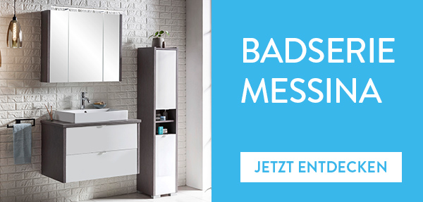 Ein Badezimmer mit der komplettes Serei Messina: Waschtisch, Hoch- und Spiegelschrank. 