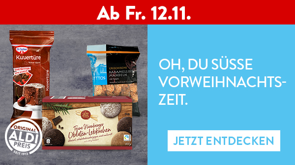 Verschiedene Leckereien für deine Vorweihnachtszeit sind abgebildet, z.B. feine Nürnberger Oblaten-Lebkuchen, ab Fr.12.11.