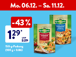 Wochen-Kracher, zum Beispiel Bergader Kerrygold Reibekäse,1.29* €, 150 g Packung (100 g = 0.86) ab Mo. 29.11.