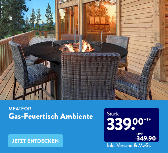 Gas-Feuertisch platziert auf einer Holzveranda für 339 € statt 349 € ab Mo. 08.11. im ALDI ONLINESHOP.