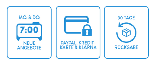Neue ONLINESHOP Angebote jeden Montag und Donnerstag; Bezahlung per Paypal, Kreditkarte & Klarna; 90 Tage Rückgabe