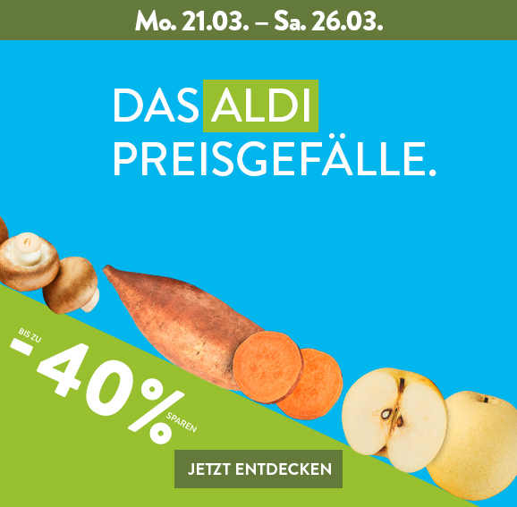Das ALDI Preisgefälle, süße Zwiebeln, Mini-Romana-Salatherzen und Nektarinen auf blauem Hintergrund. Bis zu 33 % Rabatt ab Mo 14.03.