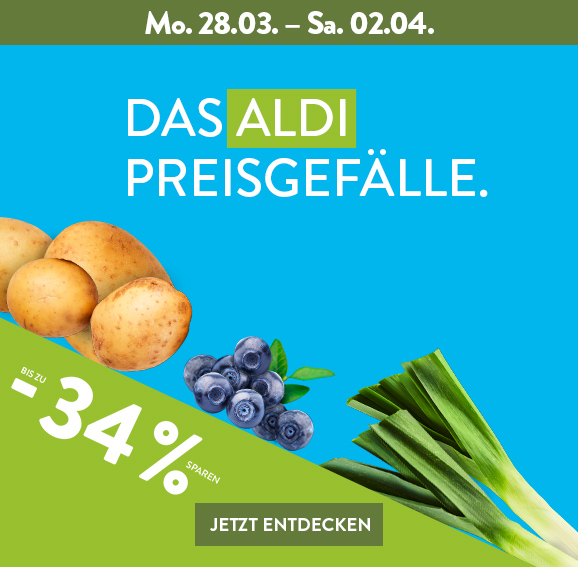 Das ALDI Preisgefälle, Speisekartoffeln, Kulturheidelbeeren und Porree auf blauem Hintergrund. Bis zu 34 % Rabatt ab Mo 28.03.