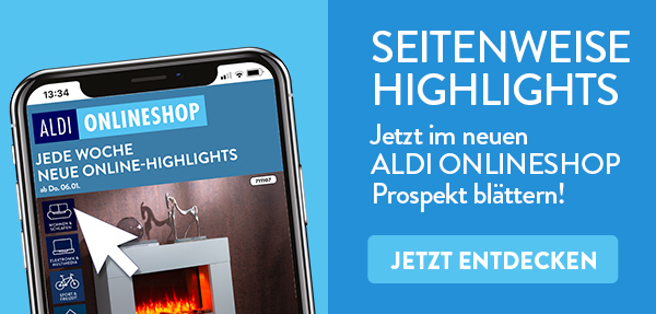 Auf einem Handy Display ist das Titelblatt des digitalen ALDI ONLINESHOP Prospekts abgebildet.