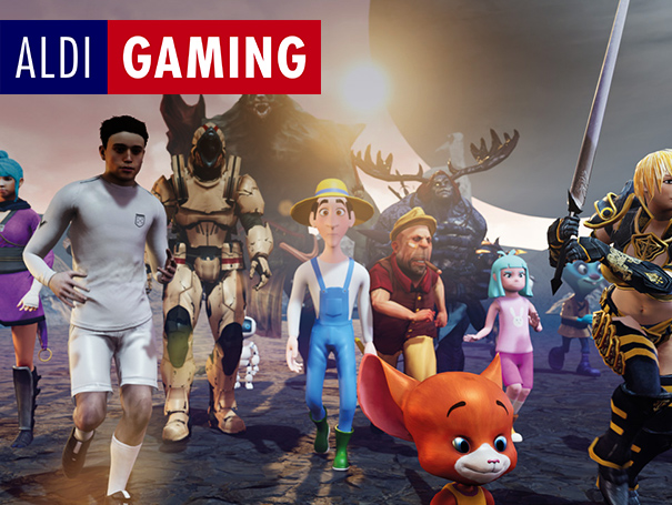 ALDI GAMING. Verschiedene Charaktere aus Videospielen laufen zusammen.