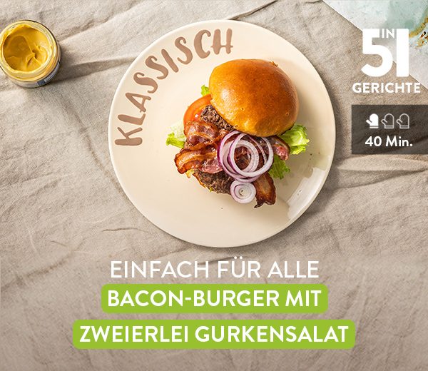 Einfach für alle. Bacon-Burger mit zweierlei Gurkensalat